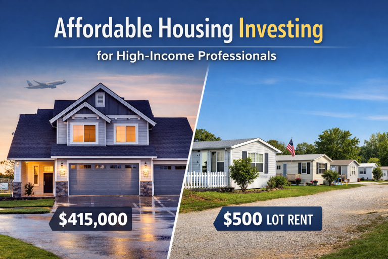 Comparison of $415,000 single-family home versus $400 mobile home park lot rent illustrating affordable housing demand gap