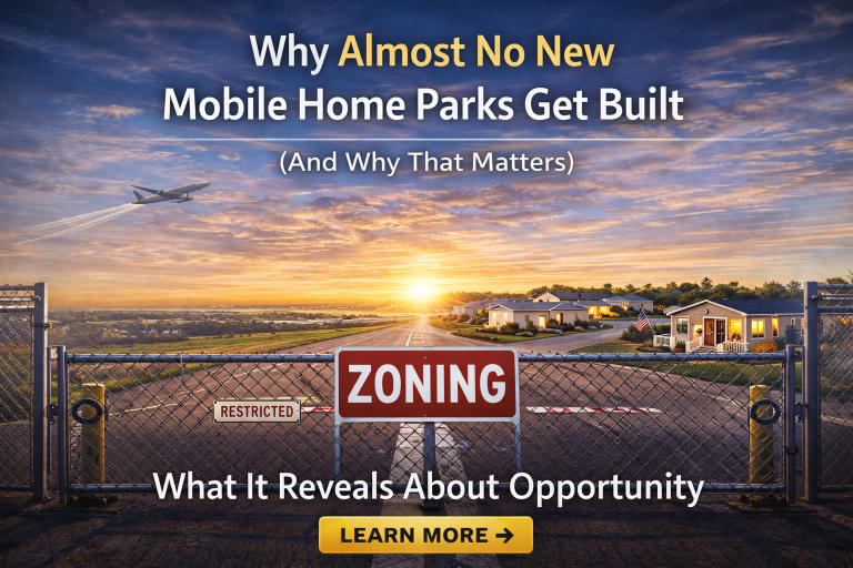Runway gate closed with zoning sign representing barriers to new mobile home park development