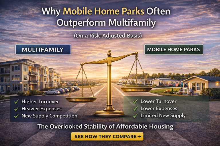 Side-by-side comparison of multifamily apartments and mobile home park community highlighting stability and lower turnover