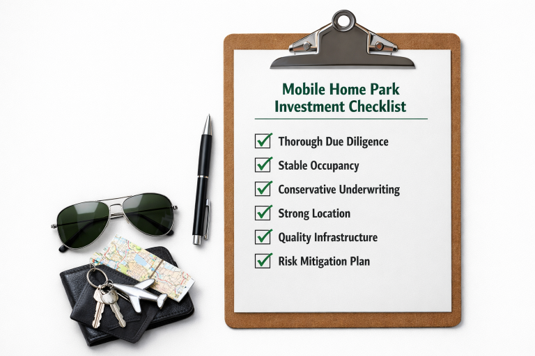Pre-flight style checklist for mobile home park investing including utilities, crime, zoning, and financial metrics