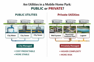 Diagram showing public vs private utilities in mobile home park investing including wells, lagoons, and municipal systems