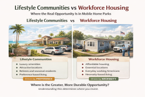 Comparison of luxury lifestyle mobile home park and workforce housing community highlighting differences in investment strategy
