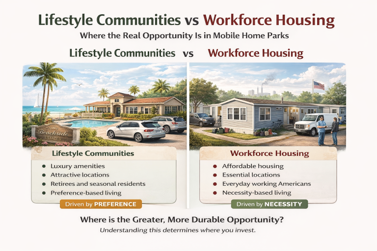 Comparison of luxury lifestyle mobile home park and workforce housing community highlighting differences in investment strategy