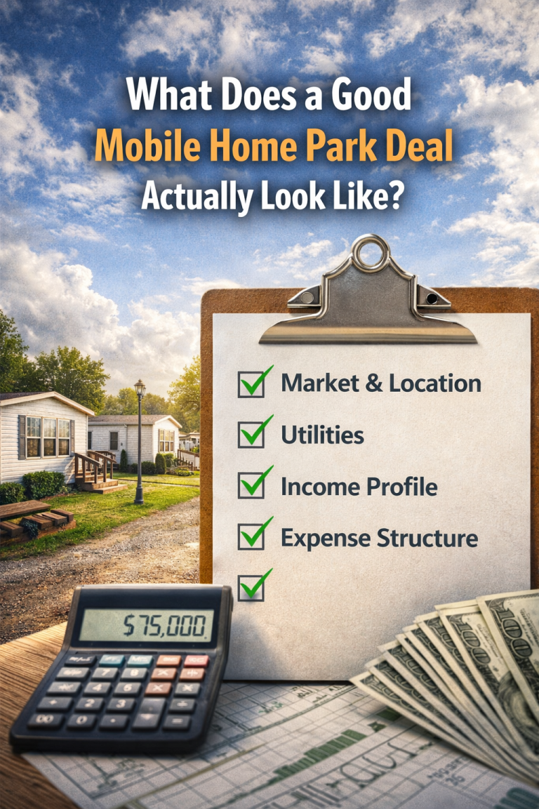 Checklist-style evaluation of a mobile home park investment including location, utilities, and financial metrics